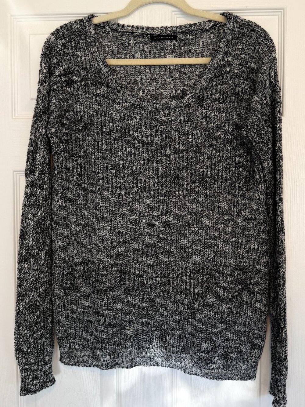 Staccato Black White Marled Open Knit Scoop Neck Sweater Side Slits Size M